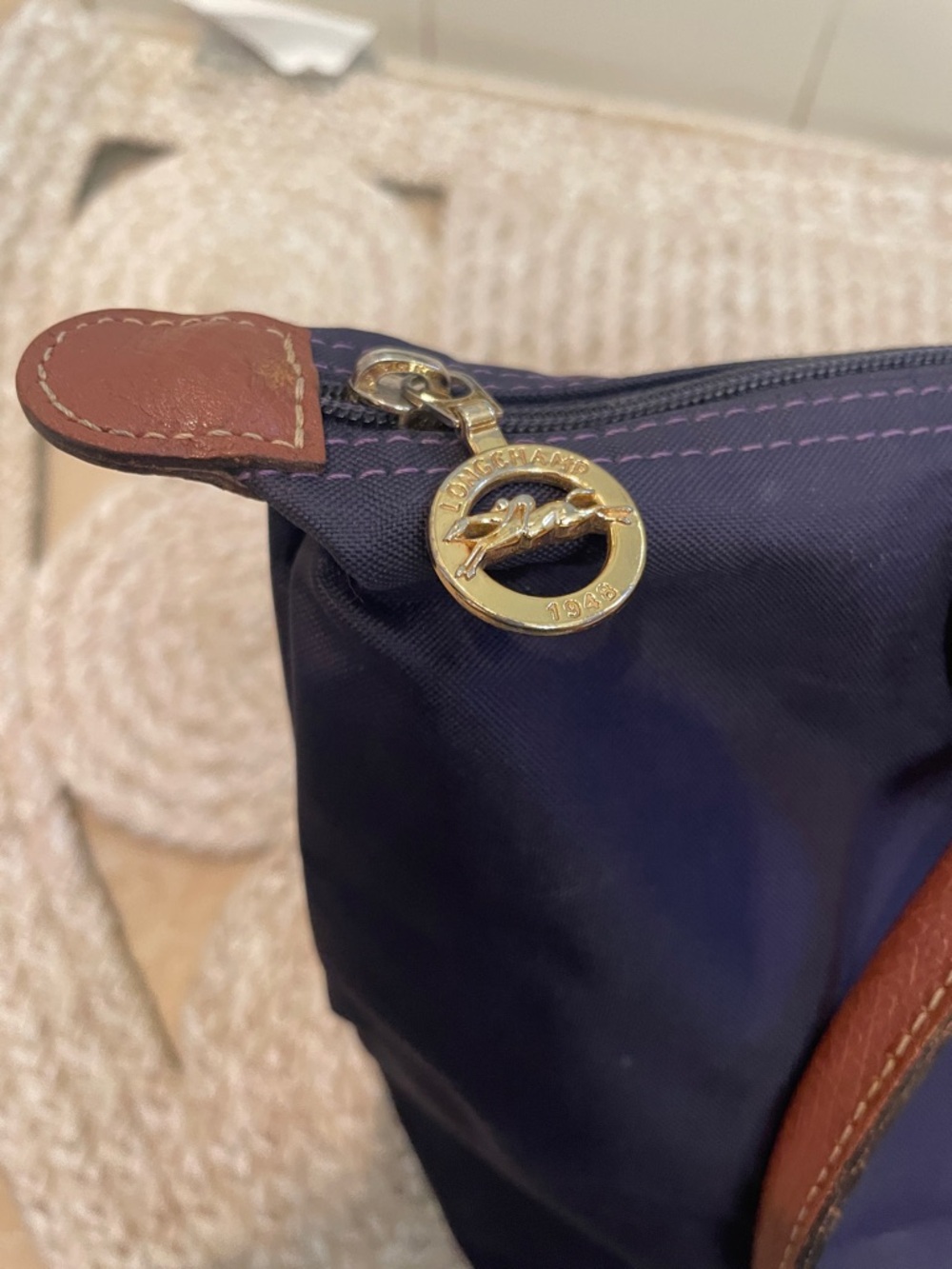Long champ Navy Blue Tote Bag with Brown Trim - Classic Everyday Carry - Picture 4 of 9